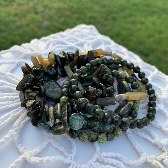 Natural Dark Green Jade & Serpentine Multicolored Gemstone Mixed Bead Bracelets - Picture 3 of 10